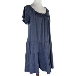 Max Studio Denim Blue Tiered Smocked Short Sleeve Dress Stretch Women's L